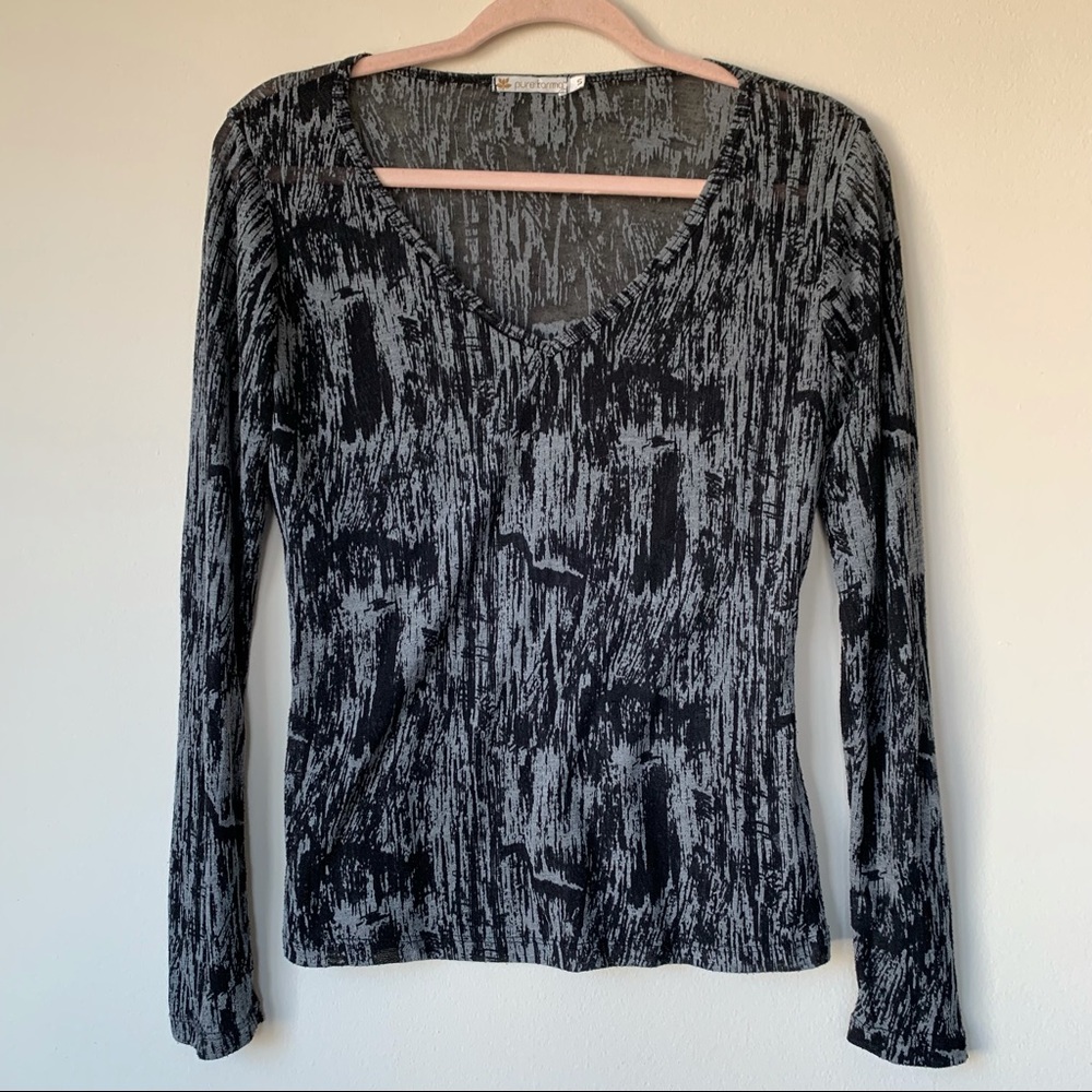 Pure Karma Long Sleeve Burn Out T Shirt V Neck Bamboo Blend Sz Small Black Gray